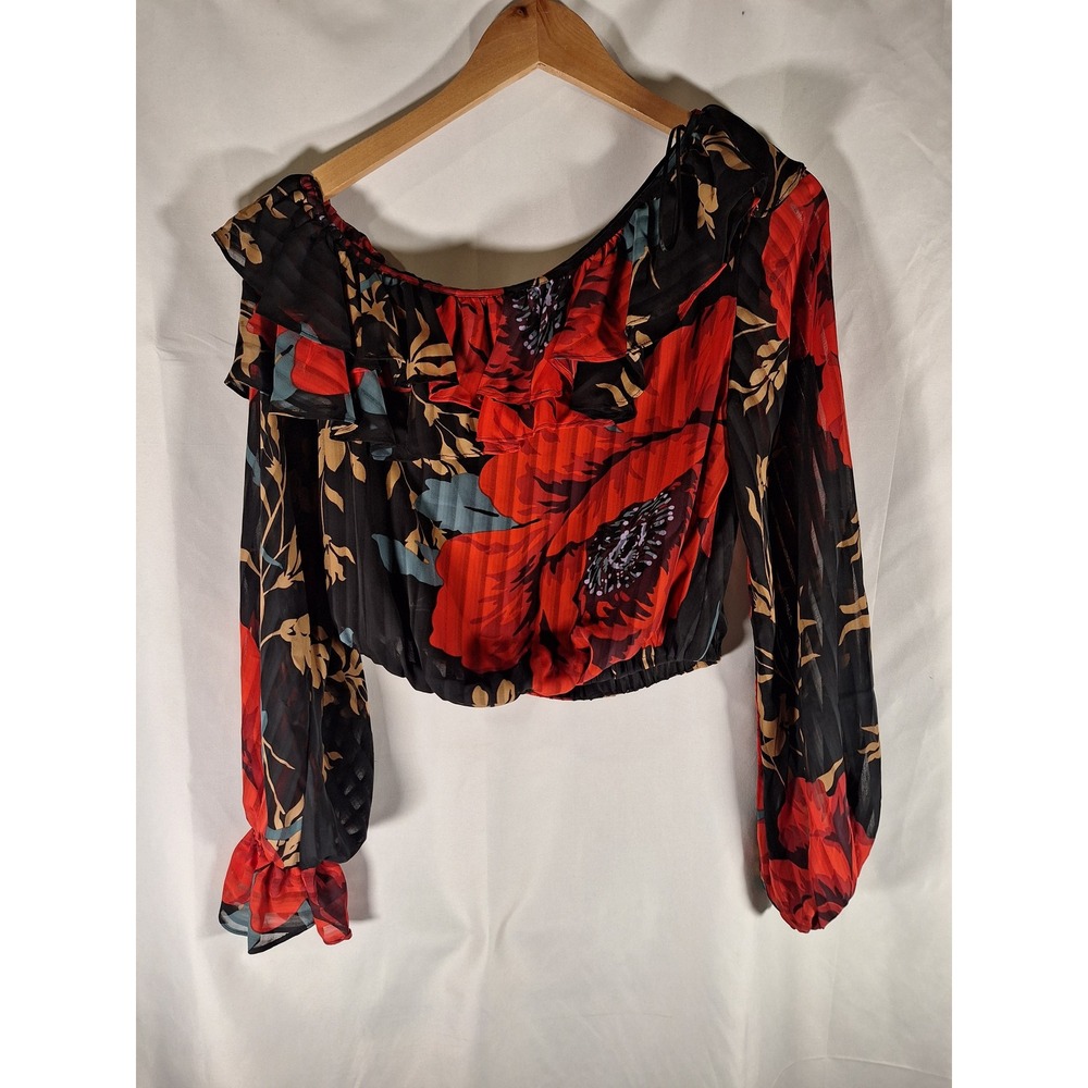 LINI Marianna One Shoulder Floral Crop Top Ruffle‎ Long Sleeve Smocked Hem Top S
